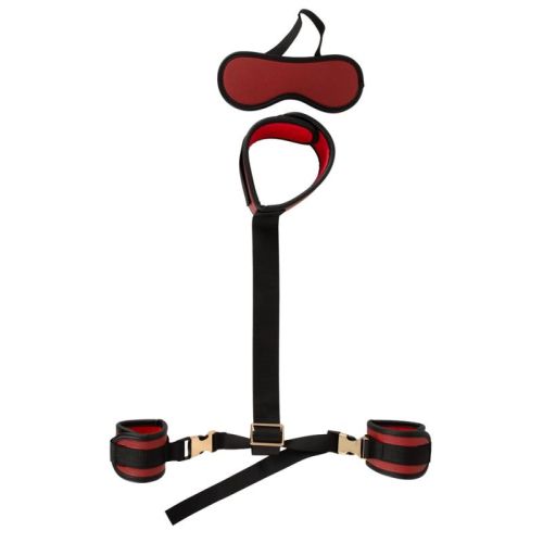 Bad Kitty Neck to Wrist Restraint Set with Wrist Cuffs & Blindfold – Red & Black