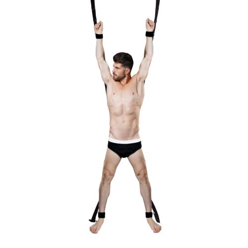 Ouch! Over The Door Bondage Cross Restraint Set with 4 Cuffs – Black